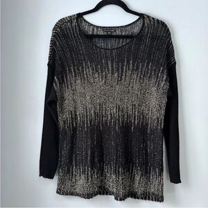 Eileen Fisher Washable Wool & Linen Blurred Stripes Knit Sweater Black Silver M
